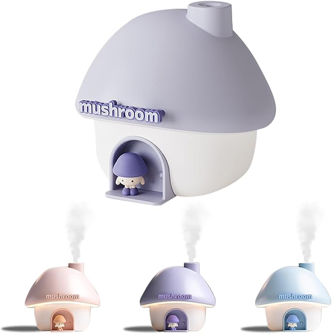 Cute Mushroom House Humidifier, 300ml Small Cool Mist Humidifers, USB Rechargeable Mini Portable Air Humidifer with Night Light for Bedroom, Office, Car, Travel, Indoor Plants (Purple)