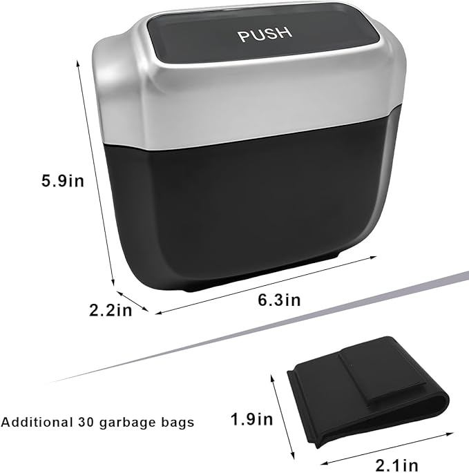 Car Trash Can with Lid, Leakproof Auto Garbage Can Mini Hanging Dustbin with 30 Trash Bags, Waterproof Plastic Garbage Organizer for Vehicle Home Office, Car Accessories (Silver)