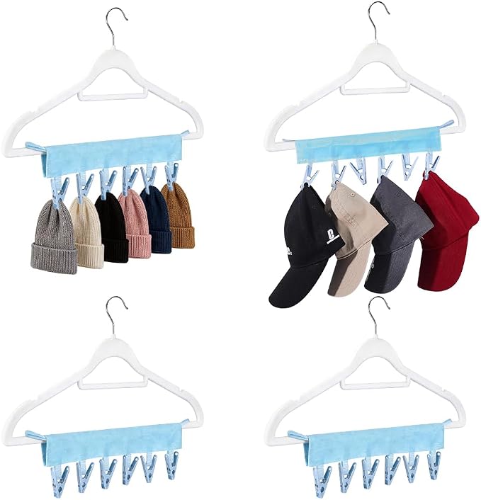 WADORN 4 Pack Travel Hanger Clips, Baseball Cap Hangers with 6 Clips Foldable Clothes Hanger Clip Compact Folding Sock Clip for Swimsuit Towel Underwear Dorms Camping Fits All Size Hangers, Blue