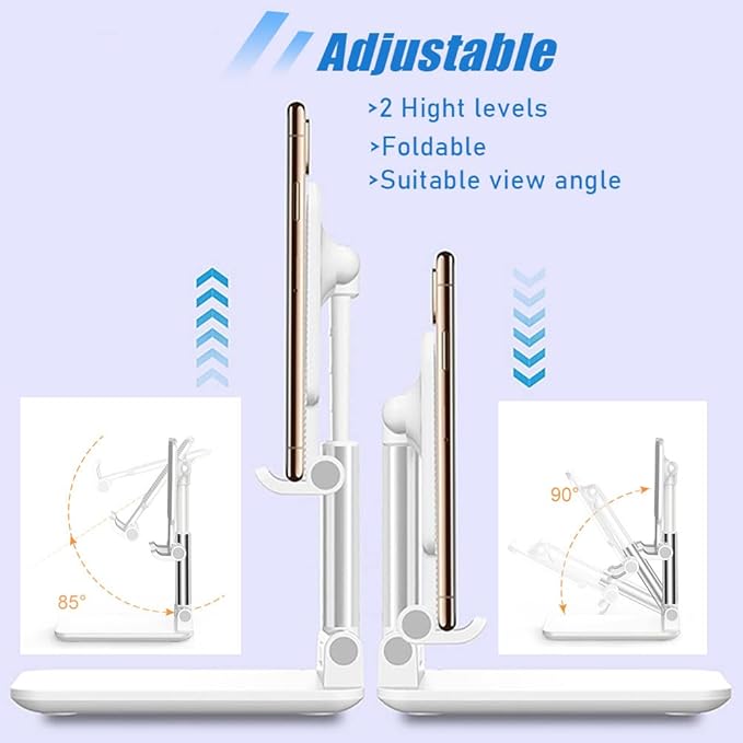 Phone Stand for Desk, Cell Phone Holder Cute Smart Cellphone Stand Foldable Stands Compatible with Under 8" Devices, Office Accessories, White&Pink