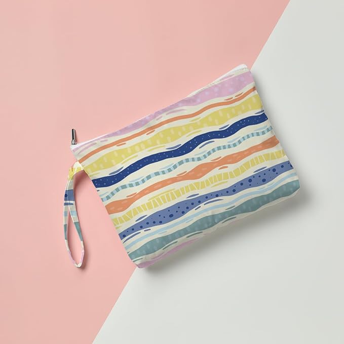 Fokongna Floral Print Wet Bag, Small Portable Waterproof Multi-Functional Organizer for Women, Multicolor Wavy Stripe,Ideal for Daily, Beach & Travel,