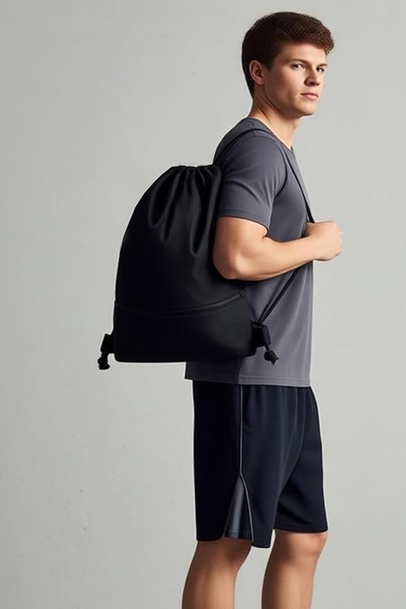 Water-Resistant String Bag for Women Men with Shoes Compartment and Zippered Pocket for Soccer, Basketball, Swim (Black, 16.5 * 19 inches)