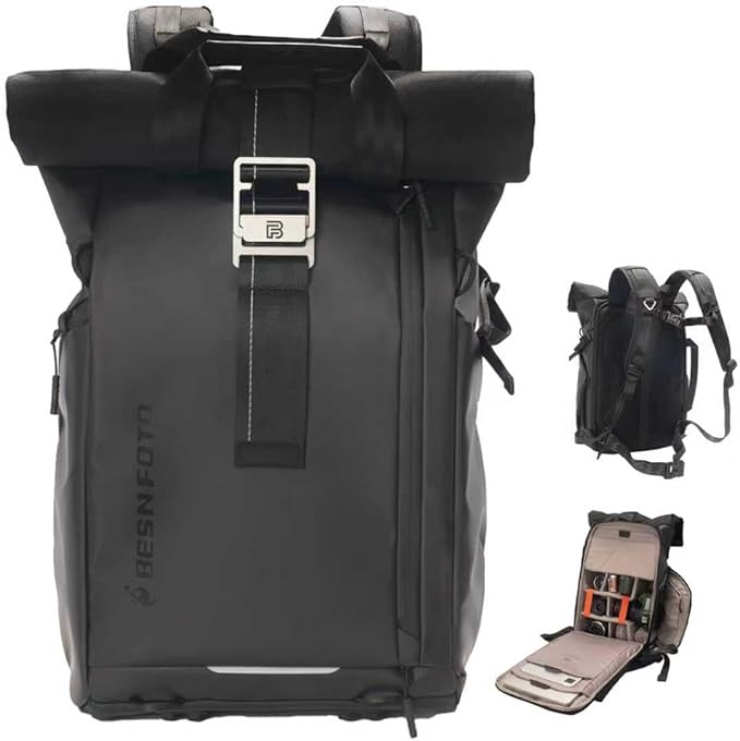 Besnfoto Waterproof Camera Backpack, Rolltop Photography Bag for Photographers, Expandable DSLR Mirrorless Case with 15.6" Laptop Compartment, Quick Side Access & Tripod Holder for Hiking Travel