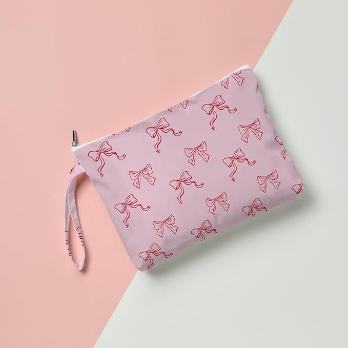 Fokongna Floral Print Wet Bag, Small Portable Waterproof Multi-Functional Organizer for Women, Pink with Red Bows,Ideal for Daily, Beach & Travel,