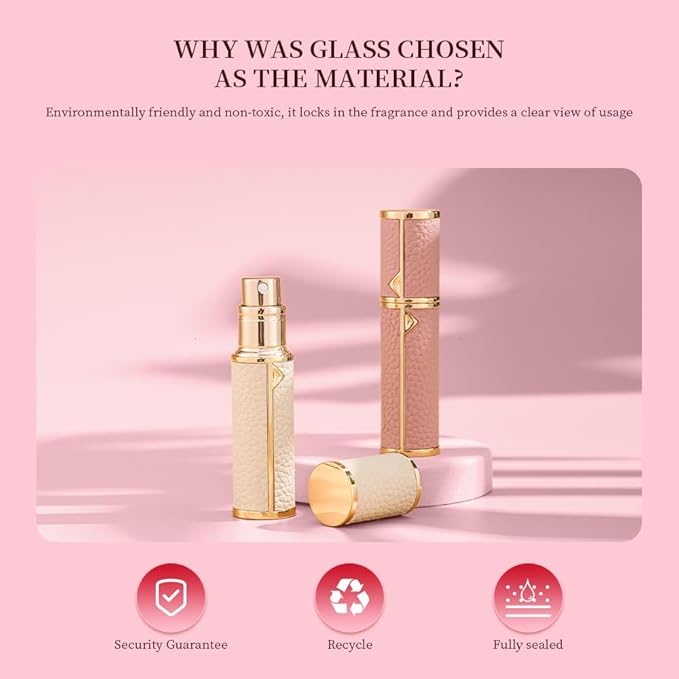 Atomizer Perfume Spray Bottle Refillable - 5ml Glass Inner Bottle with Premium Leather Case, Portable Travel Sprayer for Fragrance Lovers (White-Pink)