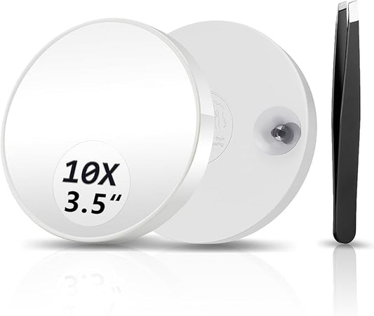10X Magnifying Mirror, Magnified Mirrors 3.5" with Two Suction Cups and Tweezers, Travel Magnifyied Mirror Set Comes with Portable Storage Bag, Small Magnifying Mirrors for Travel(White)