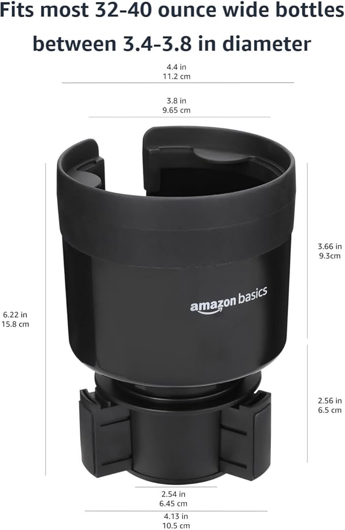 Amazon Basics Car Cup Holder Expander with Adjustable Base, Securely Holds Large Bottles 3.4 to 3.8 in Diameter, Compatible with Yeti, Hydro Flask, Easy Installation, Black