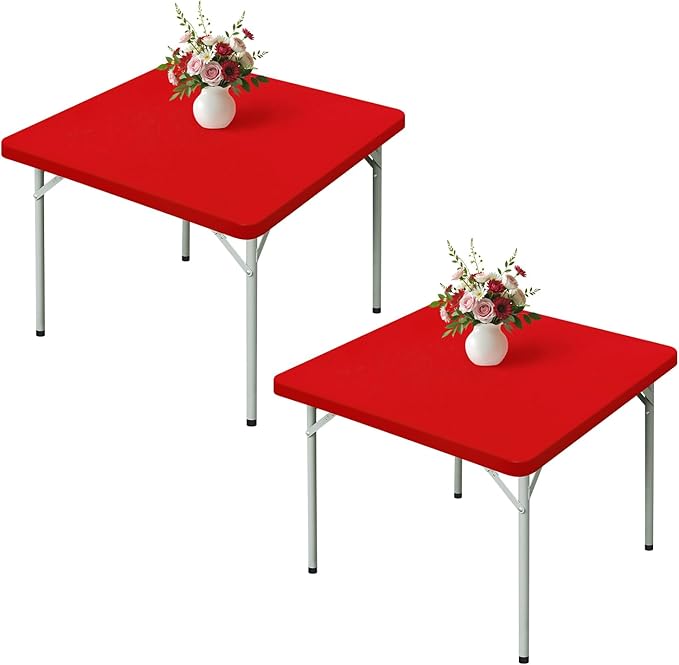 Wolkemer 2 Pack Red Fitted Tablecloth 34x34 Inch Square Elastic Edges Table Cloth, Spandex Stretch Table Cover with Machine Washable Fabric for Wedding Party Picnic Dining Indoor Outdoor