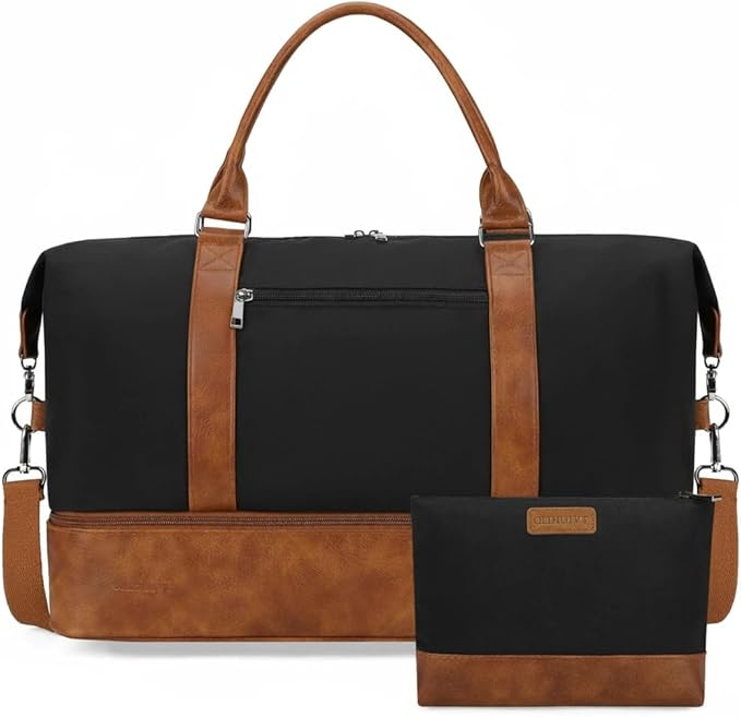 Oeihuivt Weekender Bags for Women - 21 Inch Large Travel Duffel Bag 2-Piece Set with Shoe Compartment, Heavy-Duty Canvas Leather Carry On Overnight Tote