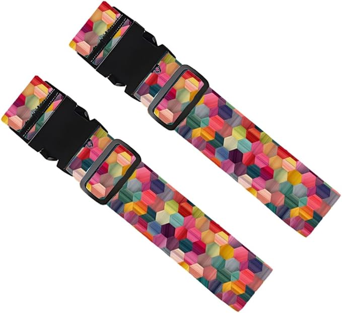 Colorful Luggage Straps 2 Pack – Geometric Hexagon Pattern Suitcase Belts with Quick-Release Buckle, Spring Summer Travel Accessories
