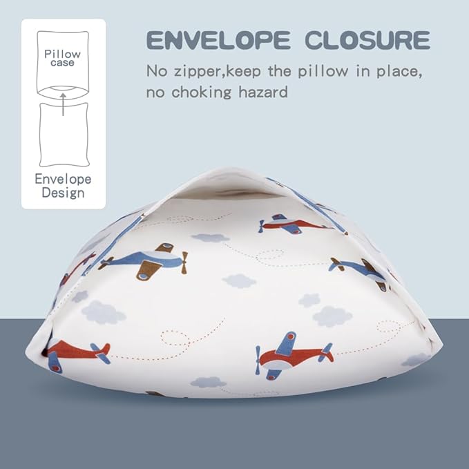 Zenssia Organic Cotton Toddler Pillowcases Pack of 2, 13x18 Inches Travel Pillowcase with Envelope Closure, Soft & Breathable Baby Pillow Case Cover, Airplane