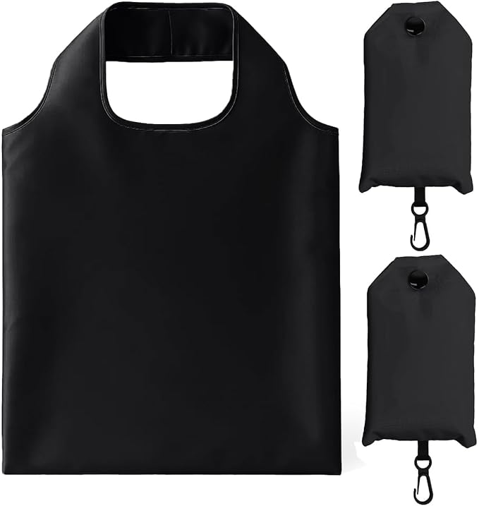 2 Pack Foldable Shopping Bag, Waterproof Reusable Grocery Tote Bag Holder,Nylon(Black)