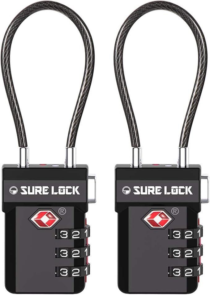 SURE LOCK TSA Approved Luggage Locks with Open Alert Indicator, 3 Digit Combination Cable Travel Lock for Suitcase, Backpack, Gym Locker, Toolbox, Carry On & Travel Bag