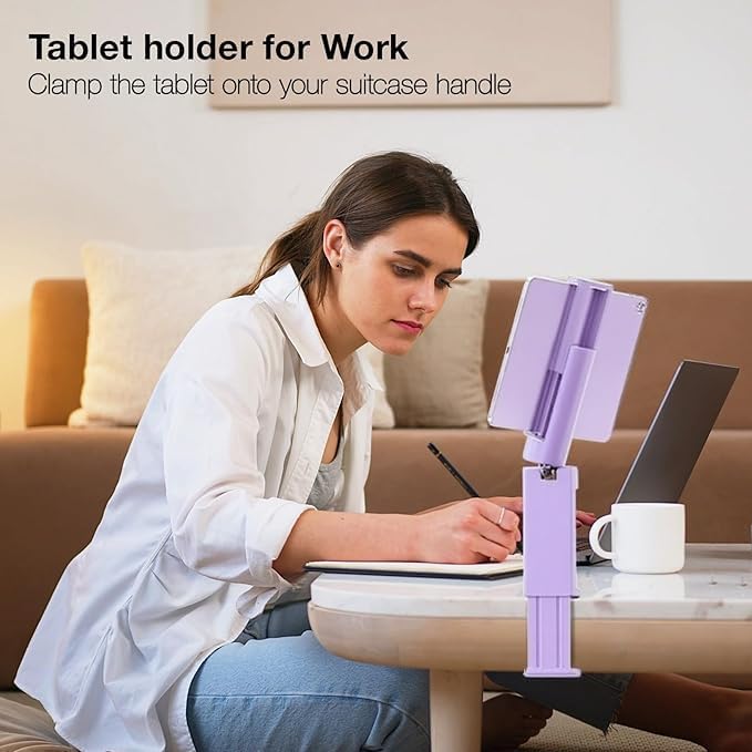 Airplane Tablet Holder Mount, 360 Degree Rotating Hands-Free Travel Stand, Max 7.6” Adjustable Clamp Opening, Compatible with iPad (Not for iPad 12.9”/13”), Purple (Only Fits 7–11" Tablets)