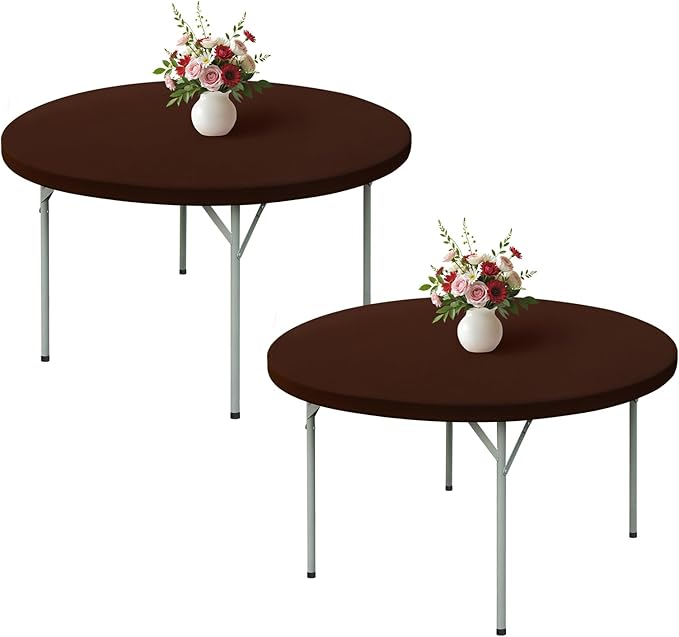 Wolkemer 2 Pack 5 Foot Brown Fitted Tablecloth 60 Inch Round Elastic Edges Table Cloth, Spandex Stretch Table Cover with Machine Washable Fabric for Wedding Party Picnic Dining Indoor Outdoor