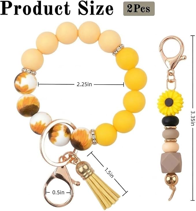 2PCS Bracelet Key Ring Set, Cute Car Key chain Wristlet, Silicone Beaded Bangle keyChains for Women Girls