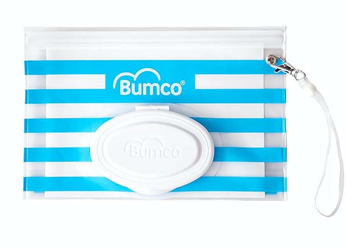 BUMCO Airtight Wipes Dispenser, Keeps Wet, Reusable Refillable Pouch, Diaper Bag Organizer for Travel, Carrying Clutch, Unique Baby Gift for Girl Boy [Blue]
