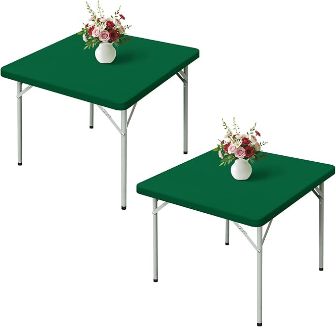 Wolkemer 2 Pack Green Fitted Tablecloth 34x34 Inch Square Elastic Edges Table Cloth, Spandex Stretch Table Cover with Machine Washable Fabric for Wedding Party Picnic Dining Indoor Outdoor