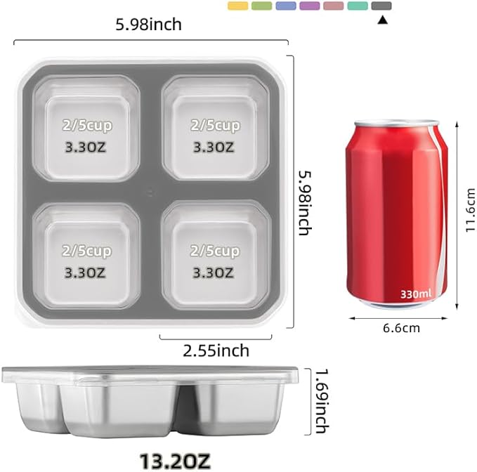 BEFOY 4 Pack Stainless Steel Snack Containers with Lids 4 Compartment Food Storage Containers for Adults & Kids Meal Prep Containers Reusablele (Gray, 4)