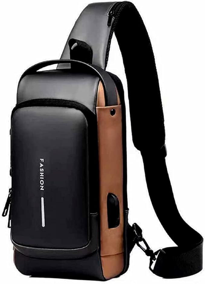 Waterproof Polyester Slim Unisex Crossbody Sling Bag Chest Backpack Men's Shoulder Bag, Leisure Travel Handbag, Hard Shell Anti-Theft Chest Bag, Fashion Bag - Black & Golden, Standard
