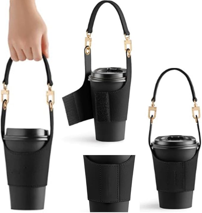 Coffee Cup Holder Tea Cup Protective Sleeve, Water Bottle Holder PU Leather Pouch, Outdoor Camping Shopping Travel cup Sling (White)