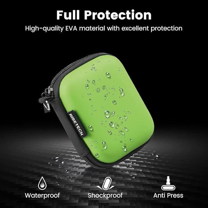 Earphone case, RISETECH Earbud Carrying Case Holder Hard EVA Headphone Small Zipper Pouch Compatible with Flash Drive, USB Charging Cable, SD Memory Card, AirPods, Sony Wired Earbuds with Clip -Green