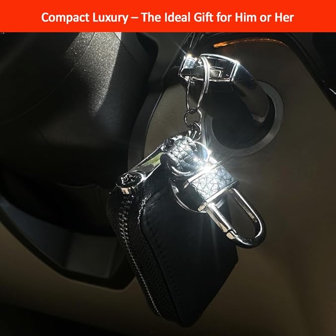 Leather Car Key Case with Zipper, Compact Smart Key Fob Holder with Keychain, Portable Car Key Organizer Pouch