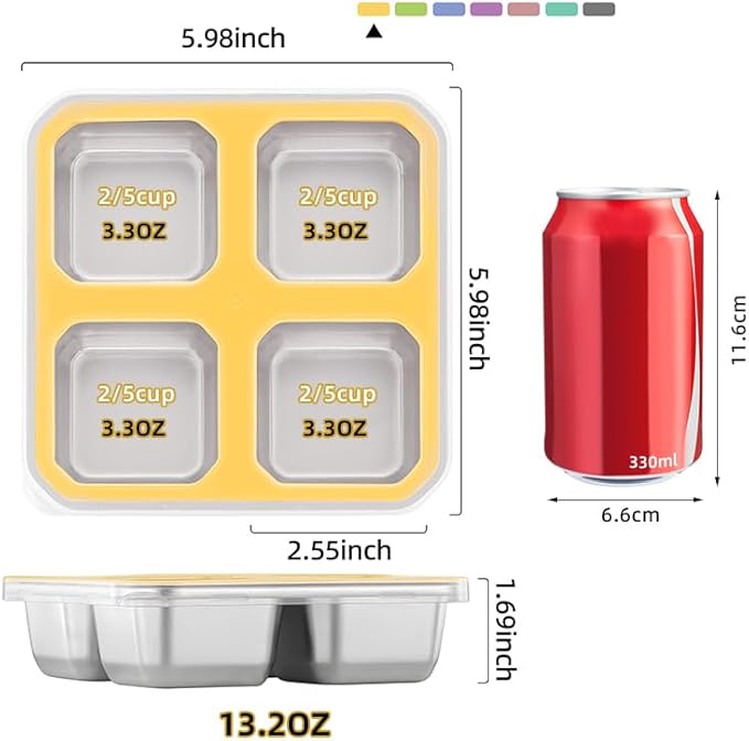 BEFOY 4 Pack Stainless Steel Snack Containers with Lids 4 Compartment Food Storage Containers for Adults & Kids Meal Prep Containers Reusablele (Yellow, 4)
