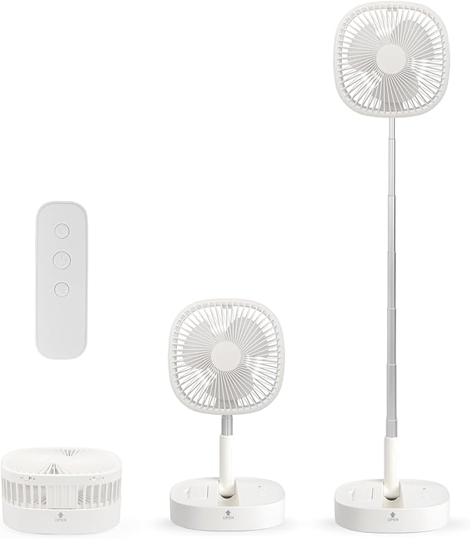Magesh Portable Pedestal Fan - Foldaway Standing Fan Foldable Desk Fan, Use 7200Mah Rechargeable Battery, Remote Control Telescopic 4 Speed Quiet Timer Fan for Home Kitchen Outdoor Camping (White)