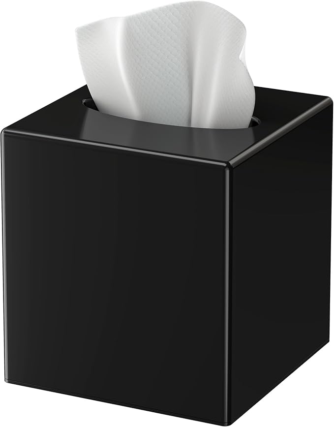 Tissue Box Cover, Square Plastic Tissue Box Holder with Anti Slip Base, Modern Decor Facial Napkin Holder for Bathroom Vanity Countertop, Bedroom Dresser, Night Stand, Parlors, Offices, Black