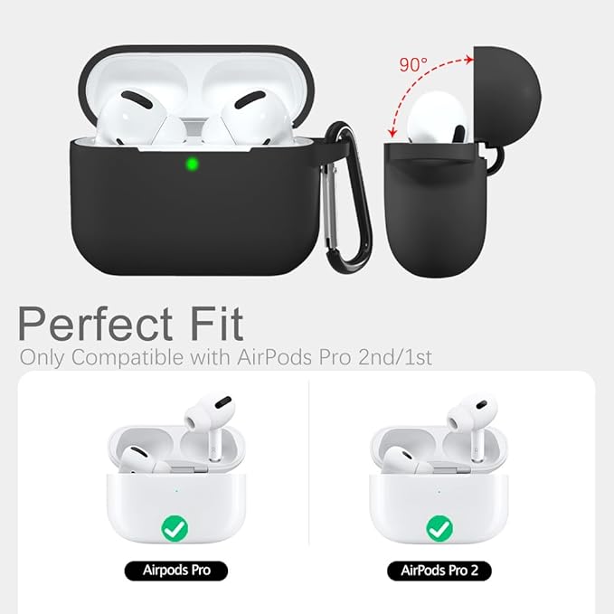 Lerobo Compatible with AirPods Pro 2 Case, Full Protective Shockproof Washable Silicone Cover Case for Airpods Pro Supports Wireless Charging with Carabiner Front LED Visible,Black