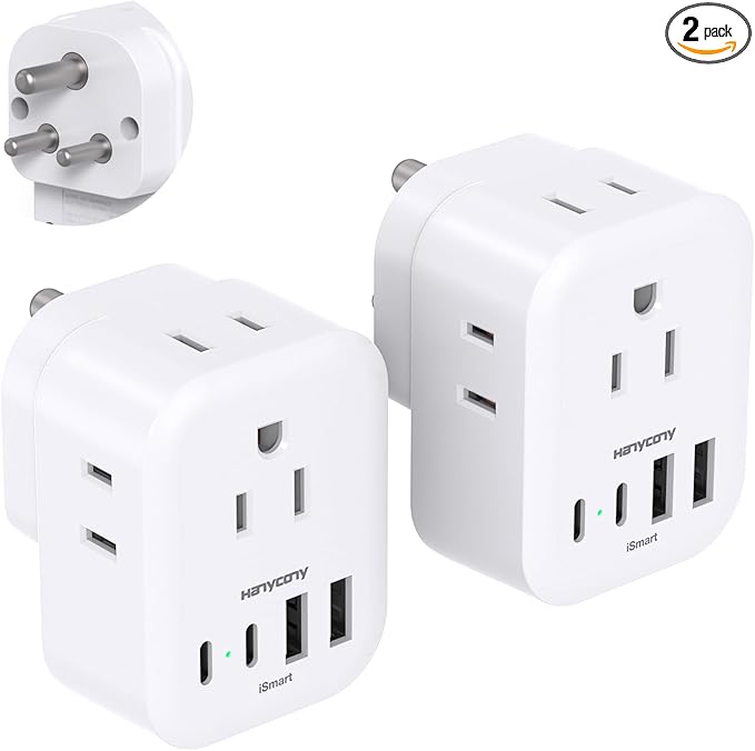 2 Pack US to India Plug Adapter, HANYCONY Type D Travel Plug Adapter with 4 Outlets 4 USB Charger (2 USB C Ports), India Power Adapter for USA to India, Bangladesh Maldives Pakistan Nepal Sudan