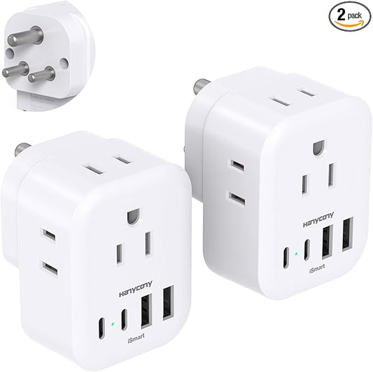 2 Pack US to India Plug Adapter, HANYCONY Type D Travel Plug Adapter with 4 Outlets 4 USB Charger (2 USB C Ports), India Power Adapter for USA to India, Bangladesh Maldives Pakistan Nepal Sudan