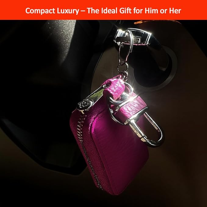 Leather Car Key Case with Zipper, Compact Smart Key Fob Holder with Keychain, Portable Car Key Organizer Pouch