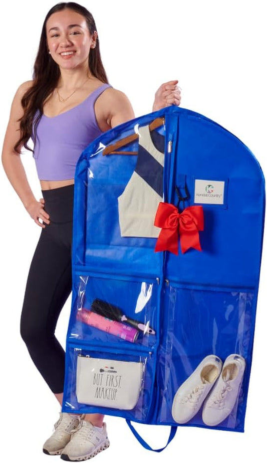 Waterproof Hanging Garment Bag 40 inch Clothes Bag with Gusset, 5 Pockets Side Zip for Dance Costumes Sports Skating Theatre Pageants Cheer Cosplay Kendall Country (Royal, 40 inch)