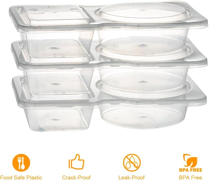 50 Pack Double Compartment Condiment Container with Lid, 5oz Disposable Small Snack Container 2 Compartment for Meal Prep, Salad Dressing, Dipping Sauce, Travel Snacks