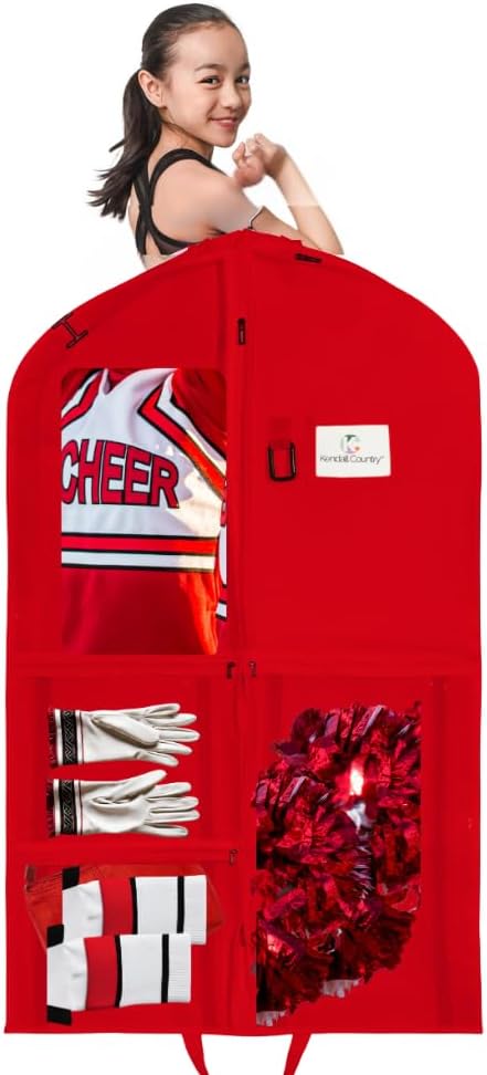 Waterproof Hanging Garment Bag 40 inch Clothes Bag with Gusset, 5 Pockets Side Zip for Dance Costumes Sports Skating Theatre Pageants Cheer Cosplay Kendall Country (Candy Apple Red, 40 inch)