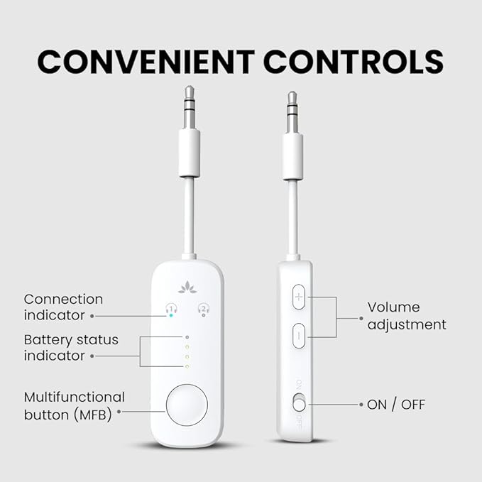 Avantree Relay – Airplane Bluetooth Adapter for AirPods, Bose & Wireless Headphones, Qualcomm Chip, aptX Adaptive & HD Audio Transmitter, 25Hrs Battery, 3.5mm AUX for Flight, Travel & Gym