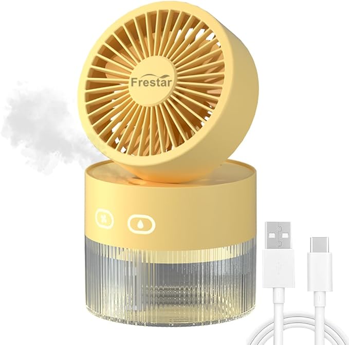 Personal Cooling Fan and Small Air Humidifier 350ml with LED Night Light, Desktop USB Charging Humidifier and Fan 3 in 1 for Office and Small Room, No Battery (Yellow)