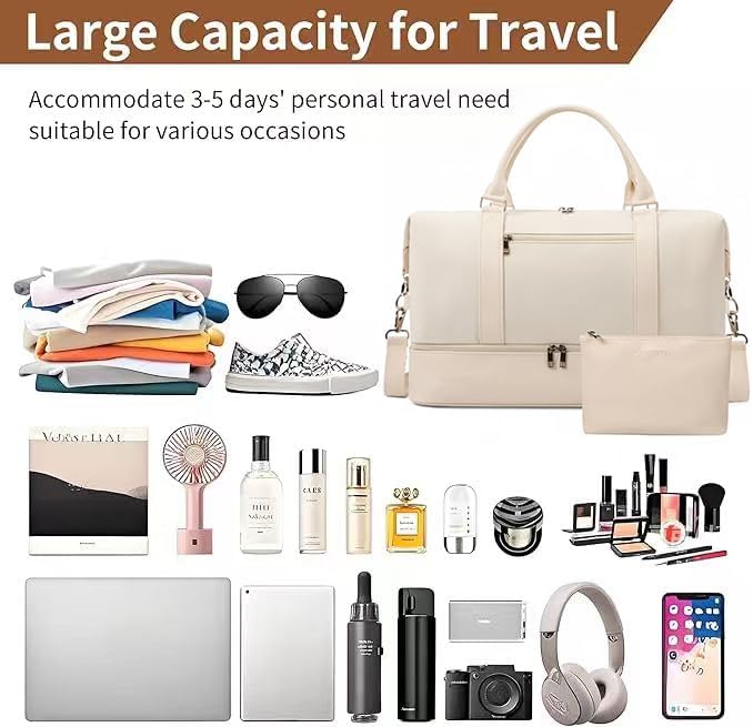 Oeihuivt Weekender Bags for Women - 21 Inch Large Travel Duffel Bag 2-Piece Set with Shoe Compartment, Heavy-Duty Canvas Leather Carry On Overnight Tote