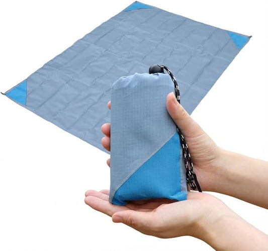 Orga'Neat Pocket Picnic Blanket, Beach Mat Waterproof Sandproof, Compact Lightweight Small Tarp for Camping, Hiking, Backpacking, Festival, Travel, Foldable in Bags (Grey/Blue, 55"x39")
