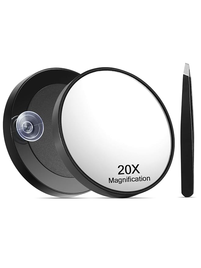 Macaki 20X Magnifying Mirror with Suction Cups and Tweezers Set, 3.5 inches Magnified Makeup Mirror, Black, 1PC