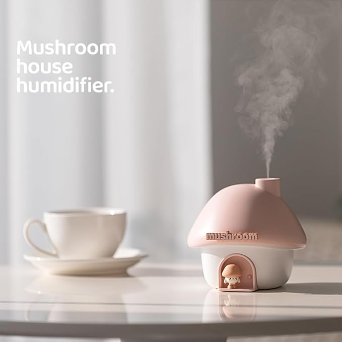 Cute Mushroom House Humidifier, 300ml Small Cool Mist Humidifers, USB Rechargeable Mini Portable Air Humidifer with Night Light for Bedroom, Office, Car, Travel, Indoor Plants (Blue)