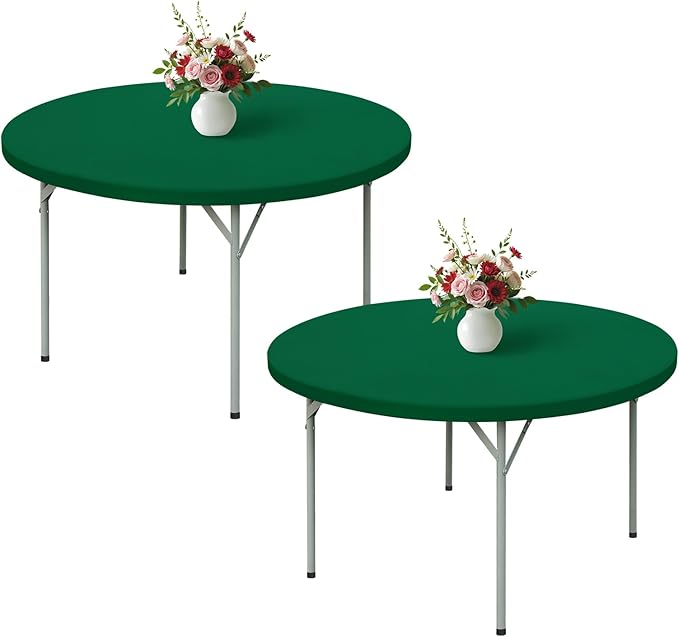 Wolkemer 2 Pack 5 Foot Green Fitted Tablecloth 60 Inch Round Elastic Edges Table Cloth, Spandex Stretch Table Cover with Machine Washable Fabric for Wedding Party Picnic Dining Indoor Outdoor
