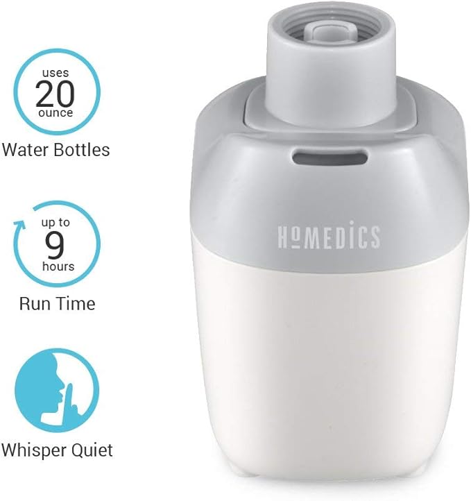 Homedics Ultrasonic Portable Humidifier – Small Air Humidifiers for Bedroom, Plants, Office, Travel – Cool Mist Humidifiers, Uses Standard Water Bottle, White
