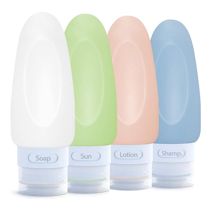 Dot&Dot Leak Proof Travel Bottles - Tubes for Liquid TSA Approved 2oz Silicone Toiletries Travel Shampoo & Conditioner Containers with Labels