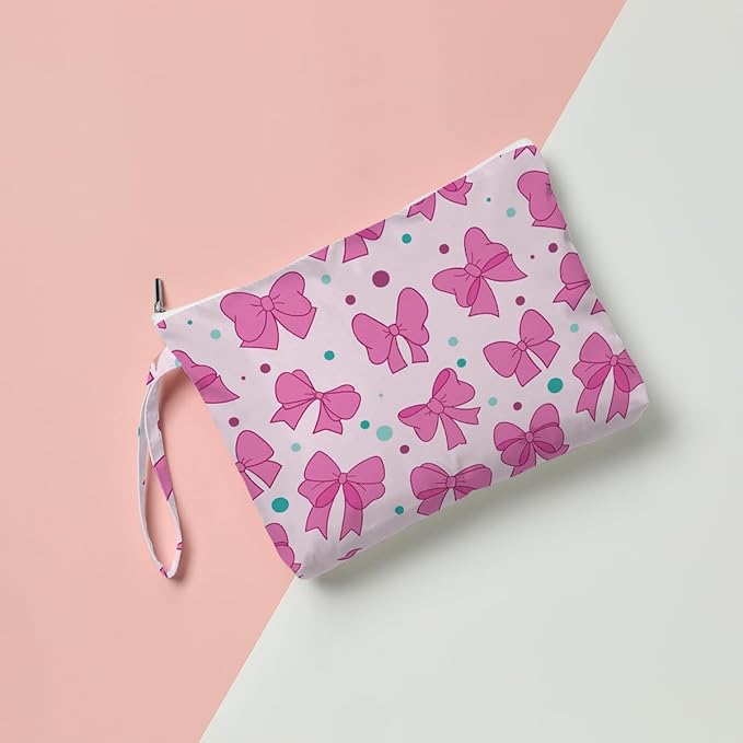 Fokongna Cute Print Wet Bag, Small Portable Waterproof Multi-Functional Organizer for Women, Pink Bow Polka Dot, Ideal for Daily, Beach & Travel