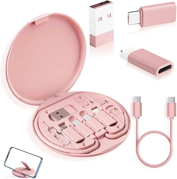 YANZIE USB Adapter Kit, Travel Charging Organizer Case with USB C, Micro USB and Lightning-Compatible Adapters, SIM Card Holder, Eject Pin and Phone Stand for Travel, Office and Car, Pink