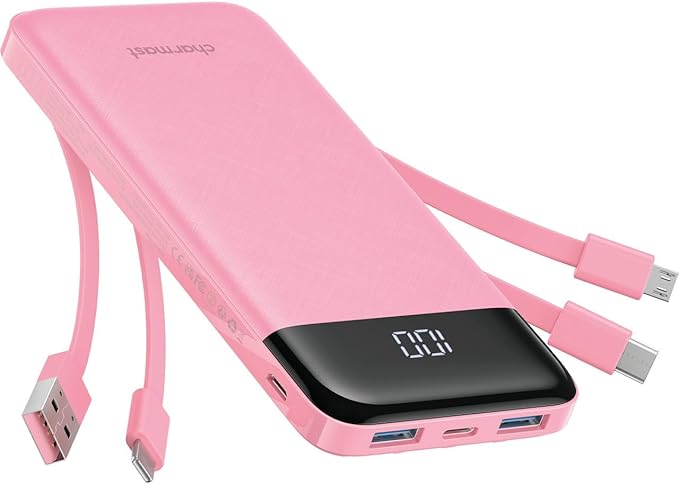 charmast Portable Charger with Built in Cables, Power Bank with Cords Wires, Slim 10000mAh Travel Battery Pack 6 Outputs 3 Inputs 3A Fast Charging for Samsung Google Pixel LG Moto iPhone iPad