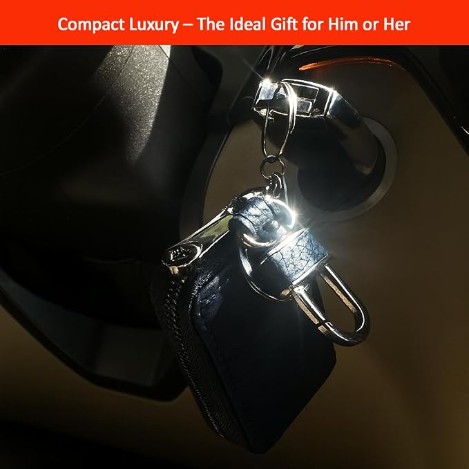 Leather Car Key Case with Zipper, Compact Smart Key Fob Holder with Keychain, Portable Car Key Organizer Pouch